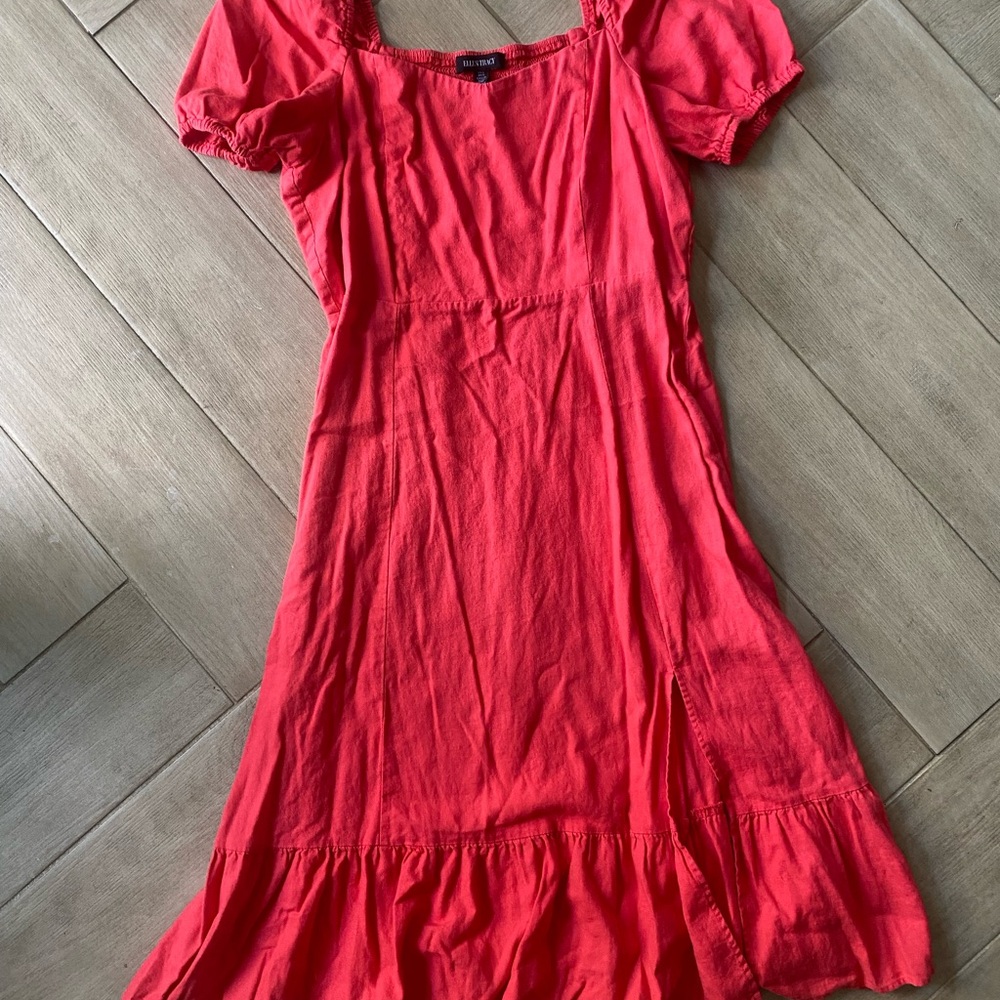 Ellen Tracy Linen Coral Square-Neck Midi Dress